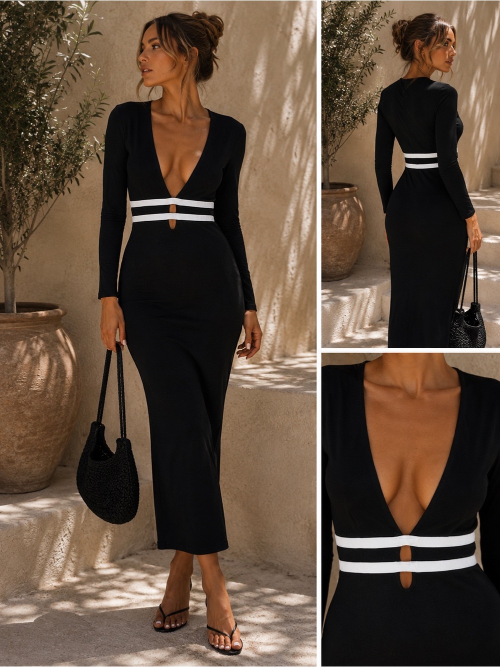 Missguided Black Long Sleeve Plunge Midi Dress with White Waist Bands